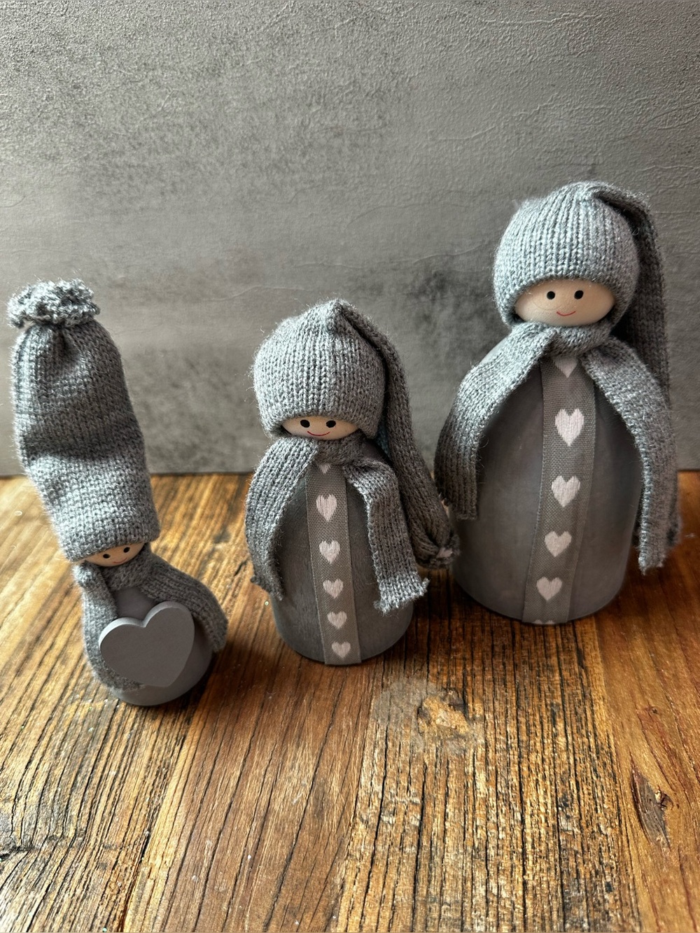 Grey Heart Wooden Figurine Trio with Knit Hats - Home Accents